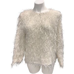 Gantos White Fuzzy Shaggy Fringe Sparkly Knit Pullover Vintage Sweater Size L